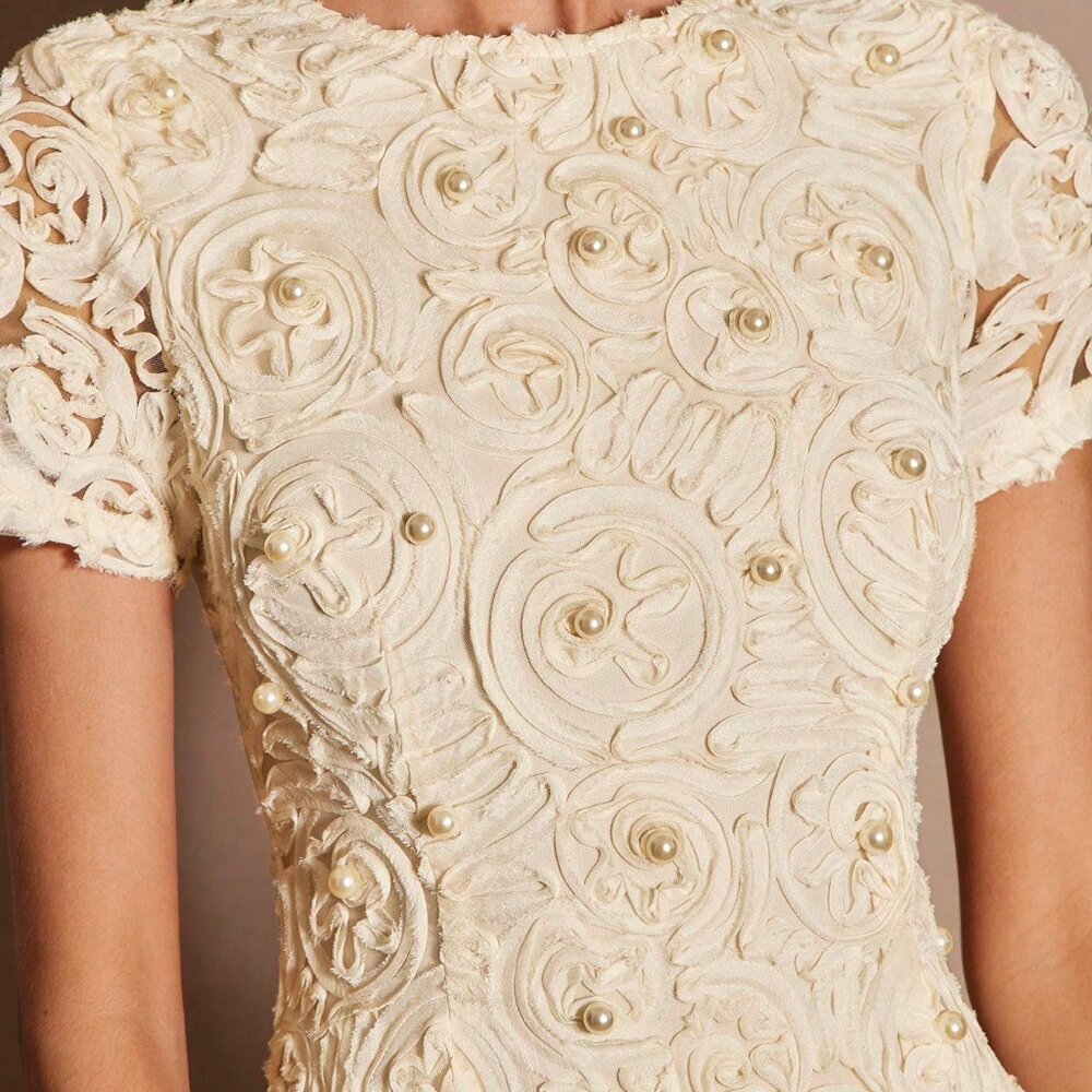Apricot Elegant Women's 3d Floral Embroidered Mini Dress - Picture 7 of 7